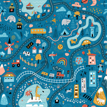 Travel around the world play mat for children. Baby land map vector seamless pattern. Kid carpet with cute doodle roads, nature, city, village, forest, sea and wild animals. Blue background