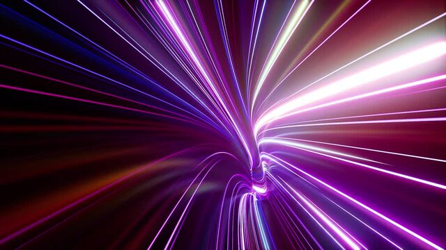 3d animation, fast flight inside virtual futuristic tunnel with twists and turns, abstract neon background with glowing lines