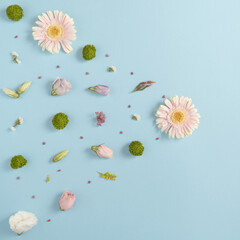 Beautiful flat lay flower arrangement on a pastel blue background.