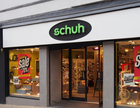 leeds, west yorkshire, united kingdom - 7 july 2021: leeds, west yorkshire, united kingdom the front of the shuh retail footwear store on briggate in leeds