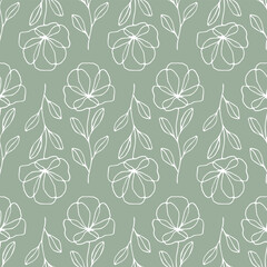 Green seamless pattern with simple flowers. Vector nature illustration.