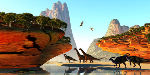 Dinosaur Valley - A Kaprosuchus reptile slinks into a river as Alamosaurus and Parasaurolophus dinosaurs come for a drink. © Catmando