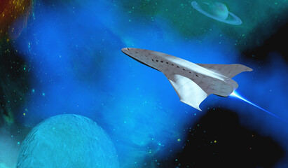 Shuttle Star Spacecraft - A spaceship voyages to the Outer Solar System between Saturn and one of its moons.