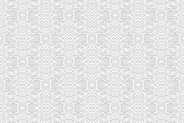 3D volumetric convex embossed white background. Ethnic oriental, asian, indian pattern with handmade elements. Geometric abstract ornament for design and decoration.