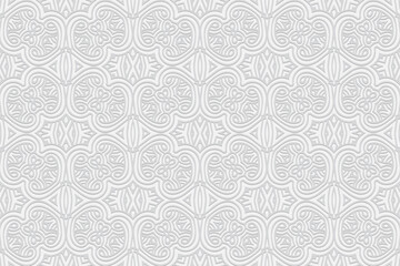 3D volumetric convex embossed white background. Ethnic oriental, asian, indian pattern with handmade elements. Geometric stylish ornament for design and decoration.