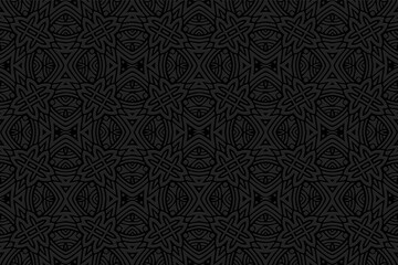 3D volumetric convex embossed black background. Ethnic oriental, asian, indian pattern with handmade elements. Geometric art ornament for design and decoration.