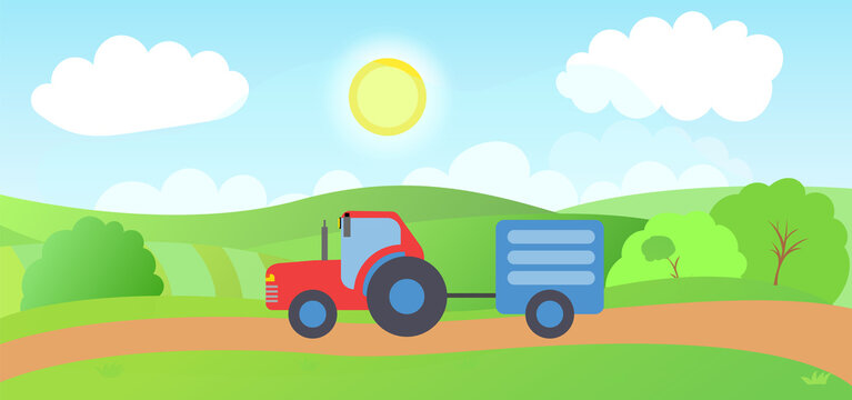 Farm landscape with red tractor and blue trailer in cartoon style. Rural summer field.