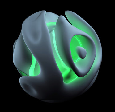 3d render of abstract art sculpture of alien flower in spherical curve wavy round smooth and soft biological lines forms in grey matte ceramic material with neon glowing green core inside on black
