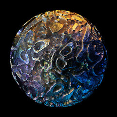 3d render of abstract art of surreal ball sphere or iron planet with rough surface in organic curve wavy lines in bronze metal material in purple green and orange gradient color on black background