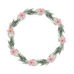 circle frame with pink flower and pale green leaf border, pink wreath