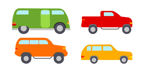 Car icon set in flat style. Cartoon toy vehicle. Auto pictograms. Vector Illustration.