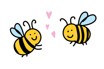Cute bees in love isolated on white background. Valentine day greeting card. Doodle art. Vector Illustration.