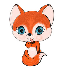 Adorable little fox licking her paw. Cute baby animal. Beautiful card for baby shower. Vector illustration.