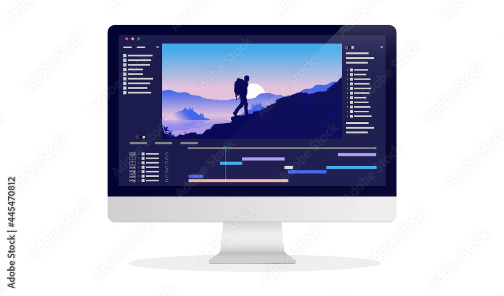 Poster Video editor software on desktop computer - Screen with user interface and video being edited. Vector illustration