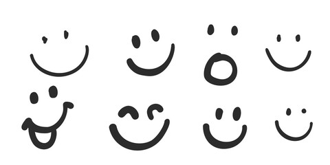 Happy doodle smiley collection isolated on white background. Simple faces. Cute icon set. Vector Illustration. - obrazy, fototapety, plakaty