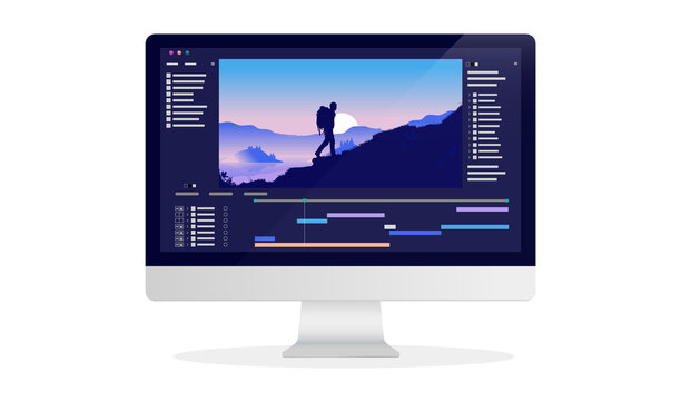 Video editor software on desktop computer - Screen with user interface and video being edited. Vector illustration