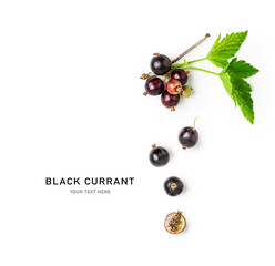 Black currant berry with leaves creative layout.