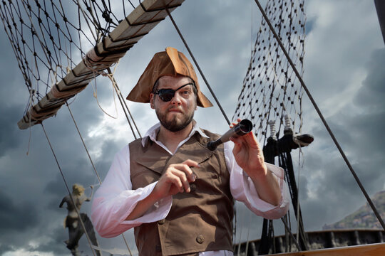 Portrait of evil man in a pirate costume