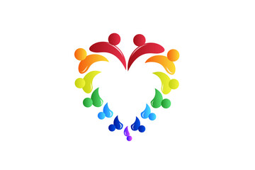 Logo teamwork in a big love heart shape unity people embracing, voluntary , charity , non profit , collaboration concepts vector image graphic illustration design template