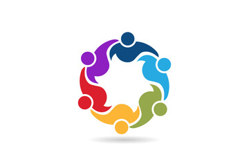 Logo teamwork unity people embracing in a circle shape voluntary , charity , non profit , collaboration concepts vector image graphic illustration design template