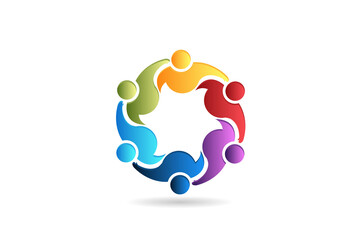 Logo teamwork unity people embracing in a circle shape voluntary , charity , non profit , collaboration concepts vector image graphic illustration design template