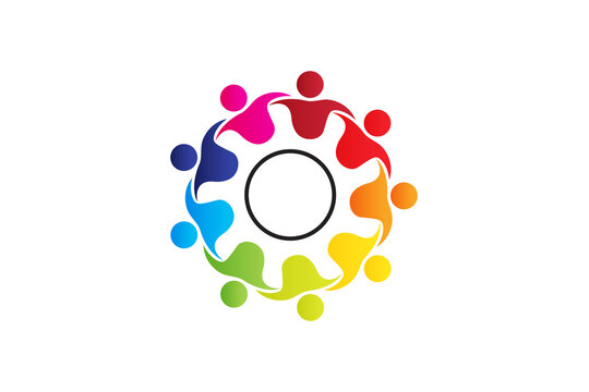 Logo teamwork unity people embracing in a circle shape voluntary , charity , non profit , collaboration concepts vector image graphic illustration design template