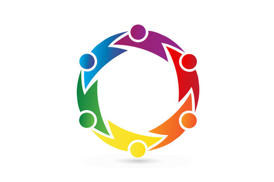 Logo teamwork unity six people embracing in a circle shape, swooshes, voluntary , charity , non profit , collaboration concepts vector image graphic illustration design template