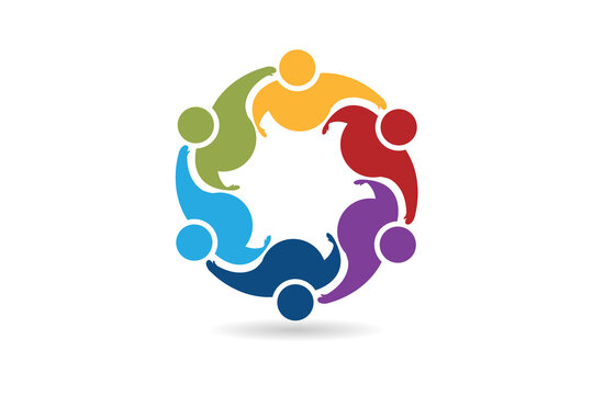 Logo teamwork unity meeting people embracing in a circle shape voluntary , charity , non profit , collaboration concepts vector image graphic illustration design template
