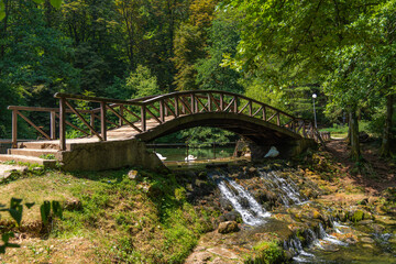 Vrelo Bosne nature green park in Sarajevo with water and ducks 