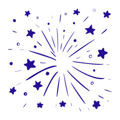 Doodle fireworks with stars isolated on white background. Happy birthday design element. Carnival art.