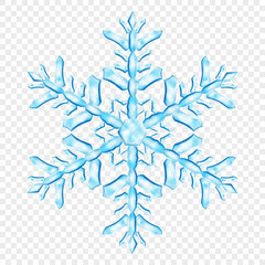 Big complex translucent Christmas snowflake in light blue colors, isolated on transparent background. Transparency only in vector format