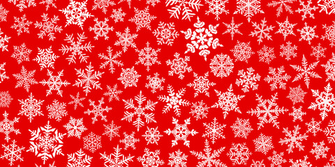 Christmas background with various complex big and small snowflakes, white on red