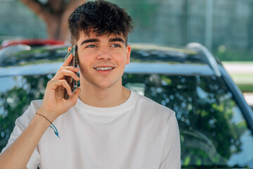 young man with mobile phone and car