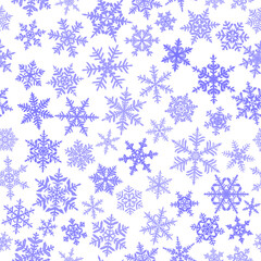 Christmas seamless pattern with complex big and small snowflakes, blue on white background
