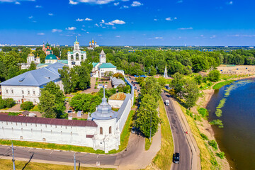 Fototapeta na wymiar Aerial drone view of Orthodox Assumption Cathedral, Strelka park, Spaso-Preobrazhensky male Monastery and Volga river in summer of Yaroslavl, Russia.