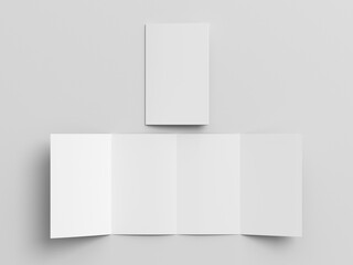 Vertical double gate fold brochure. Four panels, eight pages blank leaflet. Mock up on white...