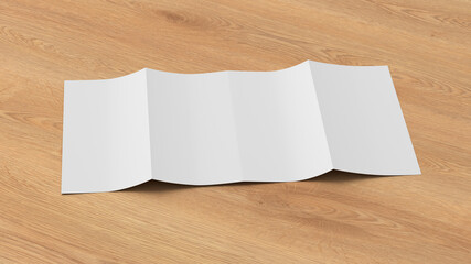 Vertical double gate fold brochure. Four panels, eight pages blank leaflet. Mock up on wooden...