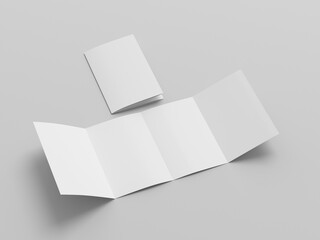Vertical double gate fold brochure. Four panels, eight pages blank leaflet. Mock up on white background for presentation design. Side view.