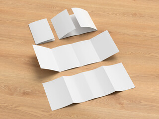 Vertical double gate fold brochure. Four panels, eight pages blank leaflet. Mock up on wooden...