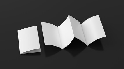 Vertical page zigzag or accordion fold brochure. Four panels, eight pages blank leaflet. Mock up on black background for presentation design. Folded and front side.