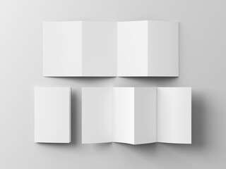 Vertical page zigzag or accordion fold brochure. Four panels, eight pages blank leaflet. Mock up on white background for presentation design. Folded, front and back side..