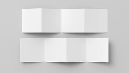 Square  zigzag or accordion fold brochure. Four panels, eight pages blank leaflet. Mock up on white background for presentation design. Front and back side.