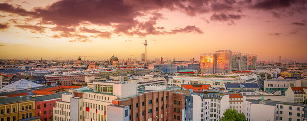 Sunset over the city of Berlin Germany - aerial view