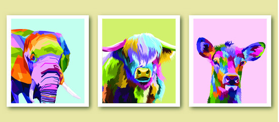 colorful animal wildlife pop art portrait in frame isolated decoration poster design  - obrazy, fototapety, plakaty