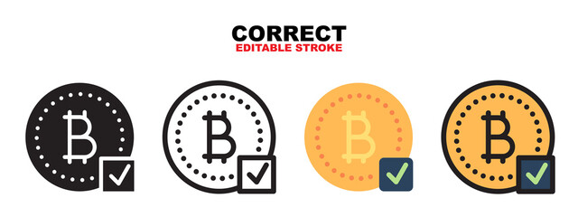 Correct bitcoin icon with cryptocurrency collection. Icons are designed in full color, outline, flat, glyphs and lines. Perfectly editable strokes and pixels. Works for web, mobile, ui and more.