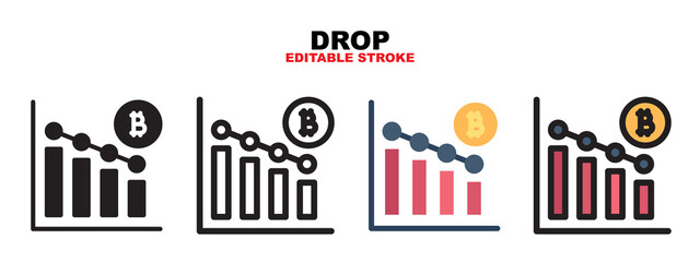 Drop chart bitcoin icon with cryptocurrency collection. Icons are designed in full color, outline, flat, glyphs and lines. Perfectly editable strokes and pixels. Can use for web, mobile, ui and more.