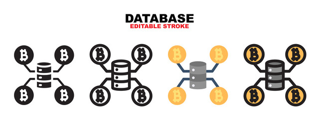 Outline, glyph black, flat color and filled line color, icon symbol set, database bitcoin concept, Isolated vector design, editable stroke