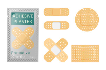 A set of adhesive plaster for wounds. Sterile medical plaster packaged. Plasters of different shapes isolated on white background. Vector