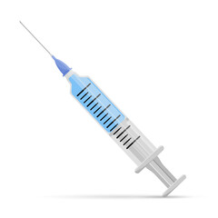 Medical disposable syringe isolated on white background. Syringe filled with blue medication. Vaccine injection, vaccination .  Flat vector illustration.