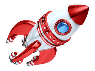 Red and white 3d rocket flying over for composition, isolated rocket